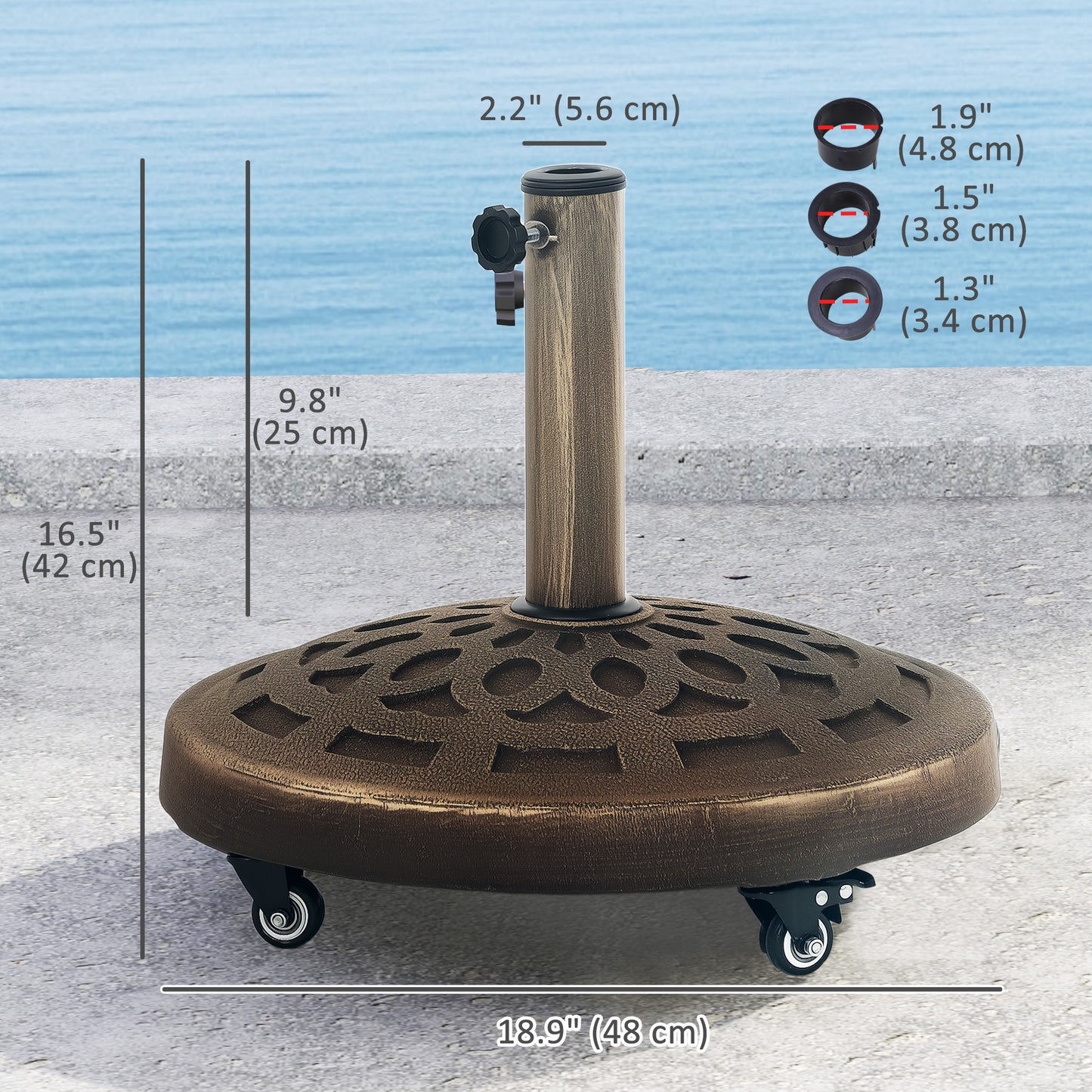 Pied de parasol rond avec roulettes en résine de 20 kg, robuste pour poteaux de 3,3 cm, 3,8 cm et 4,8 cm, bronze