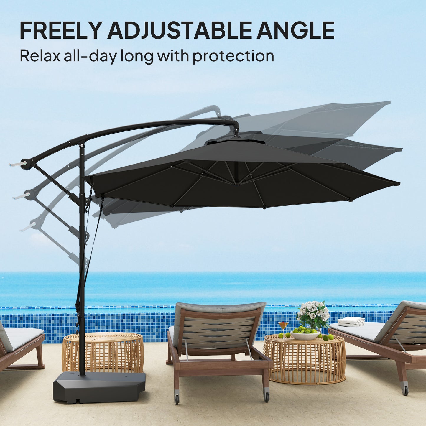 Outsunny 10FT Cantilever Umbrella with Fillable Base, Wind Strap and Cover, Offset Hanging Umbrella with Crank, UPF50+, Gray |