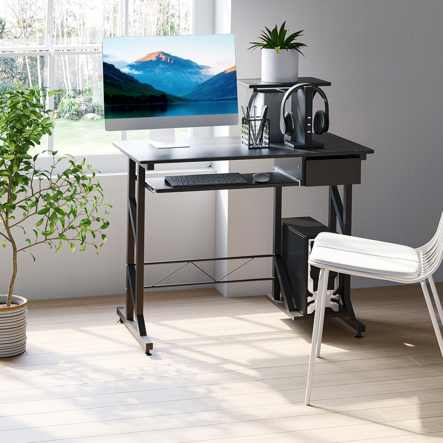 Bureau d'ordinateur avec plateau pour clavier et tiroir, noir