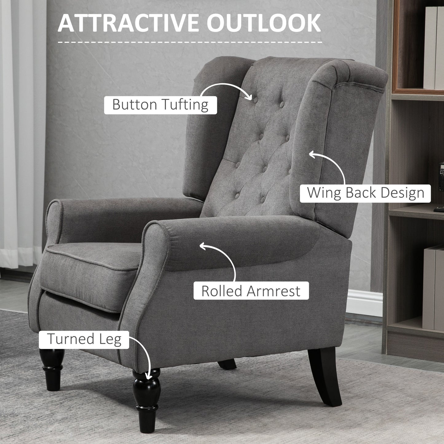 Fauteuil d'appoint en tissu capitonné, pieds en bois, gris anthracite