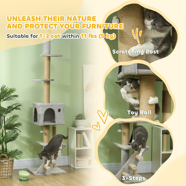 226-254 cm Cat Tree with Scratching Post, House, 3 Steps, Hanging Ball and Perches, Light Grey