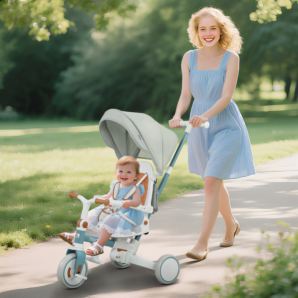 Tricycle 7 en 1 pour tout-petits avec harnais de sécurité, bleu et gris