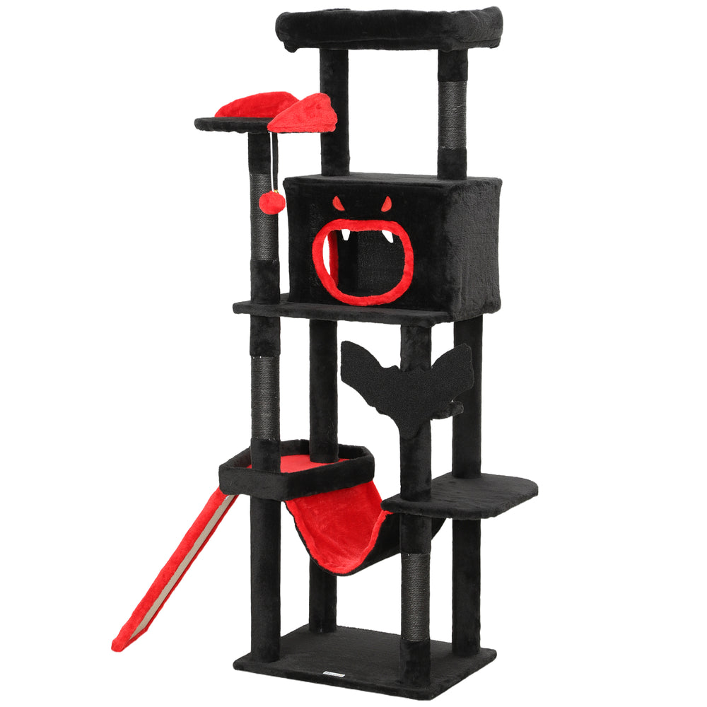 60" Tall Gothic Cat Tree with Coffin Bed, Scratching Posts & Sisal Ramp, Black