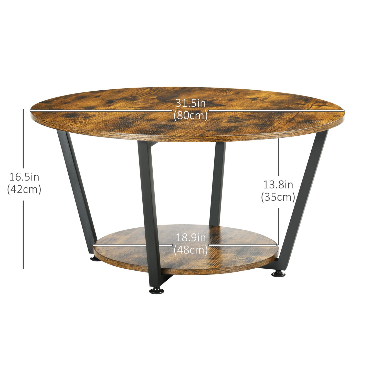 Table basse ronde à 2 niveaux avec étagère de rangement, marron rustique