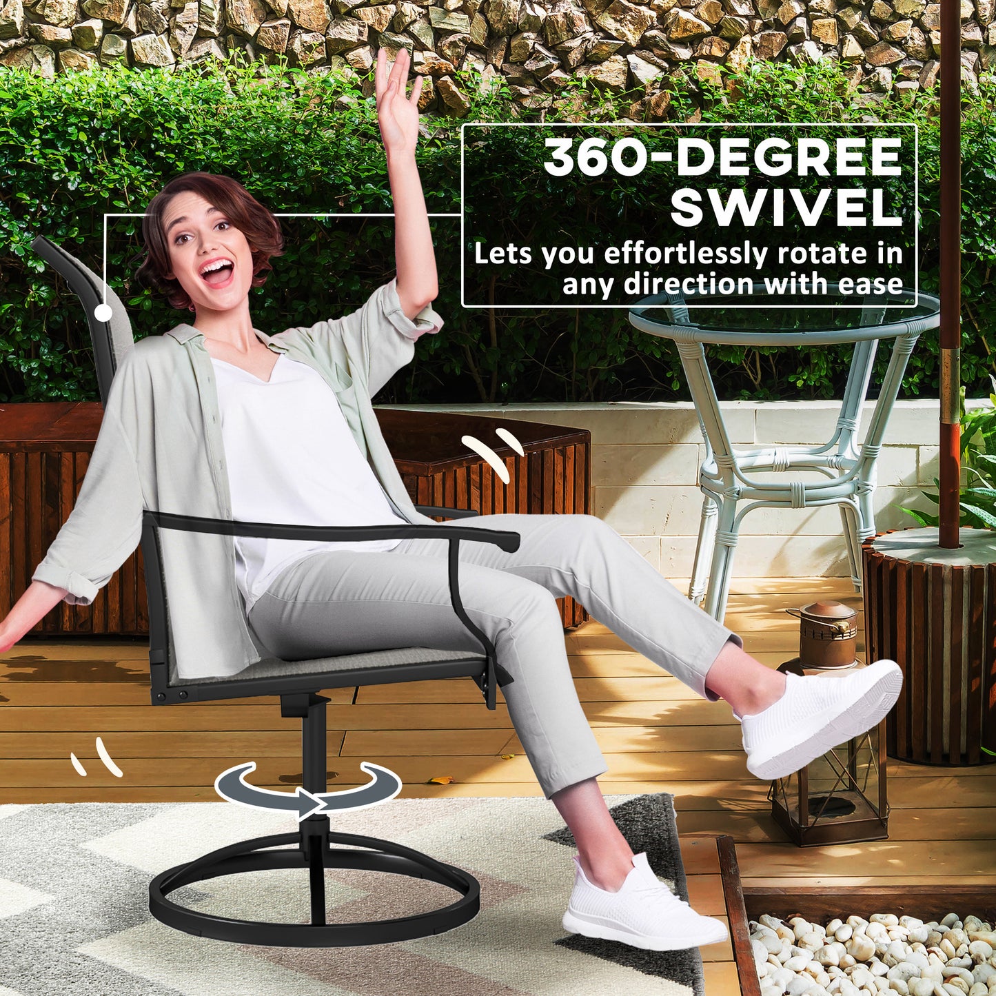 Lot de 2 chaises de salle à manger pivotantes d'extérieur, dossier haut et filet toutes saisons, gris