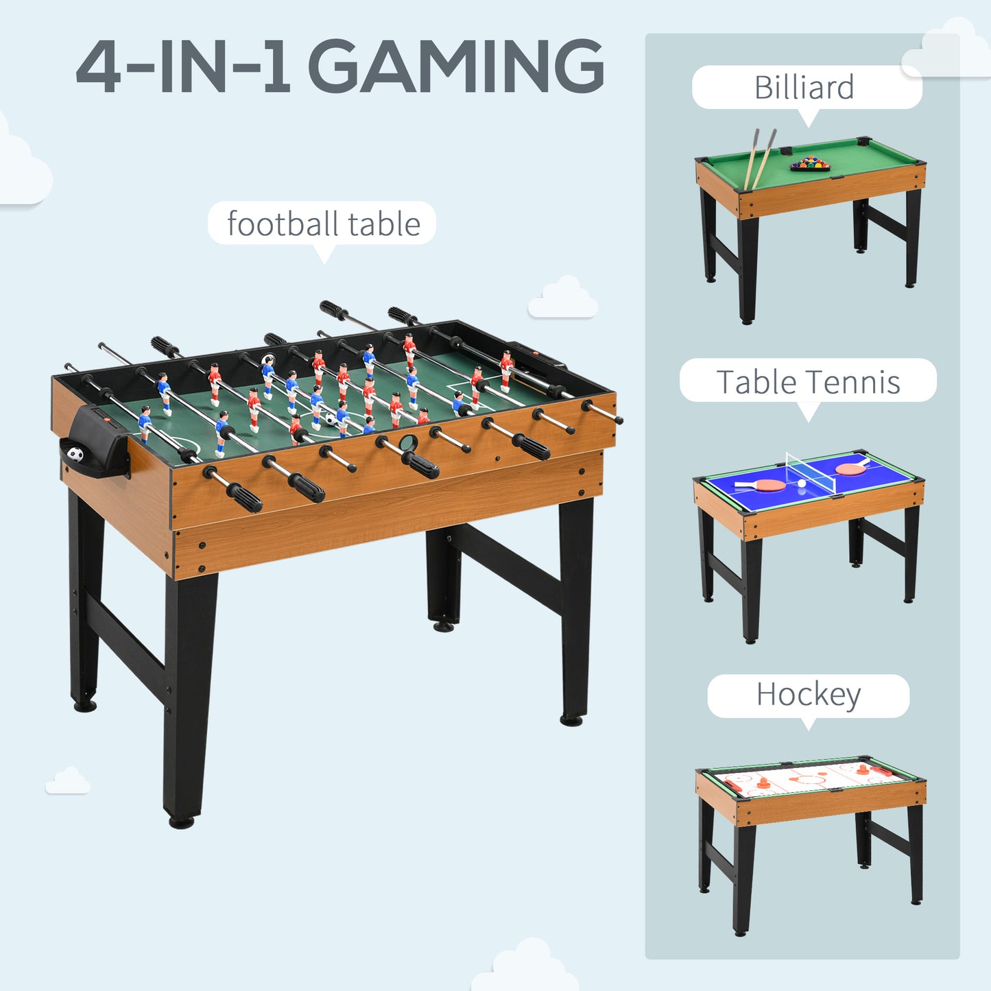 43" 4-in-1 Multi-Function Game Table, Billiards, Air Hockey, Table Tennis, Foosball, Easy Setup for the Whole Family