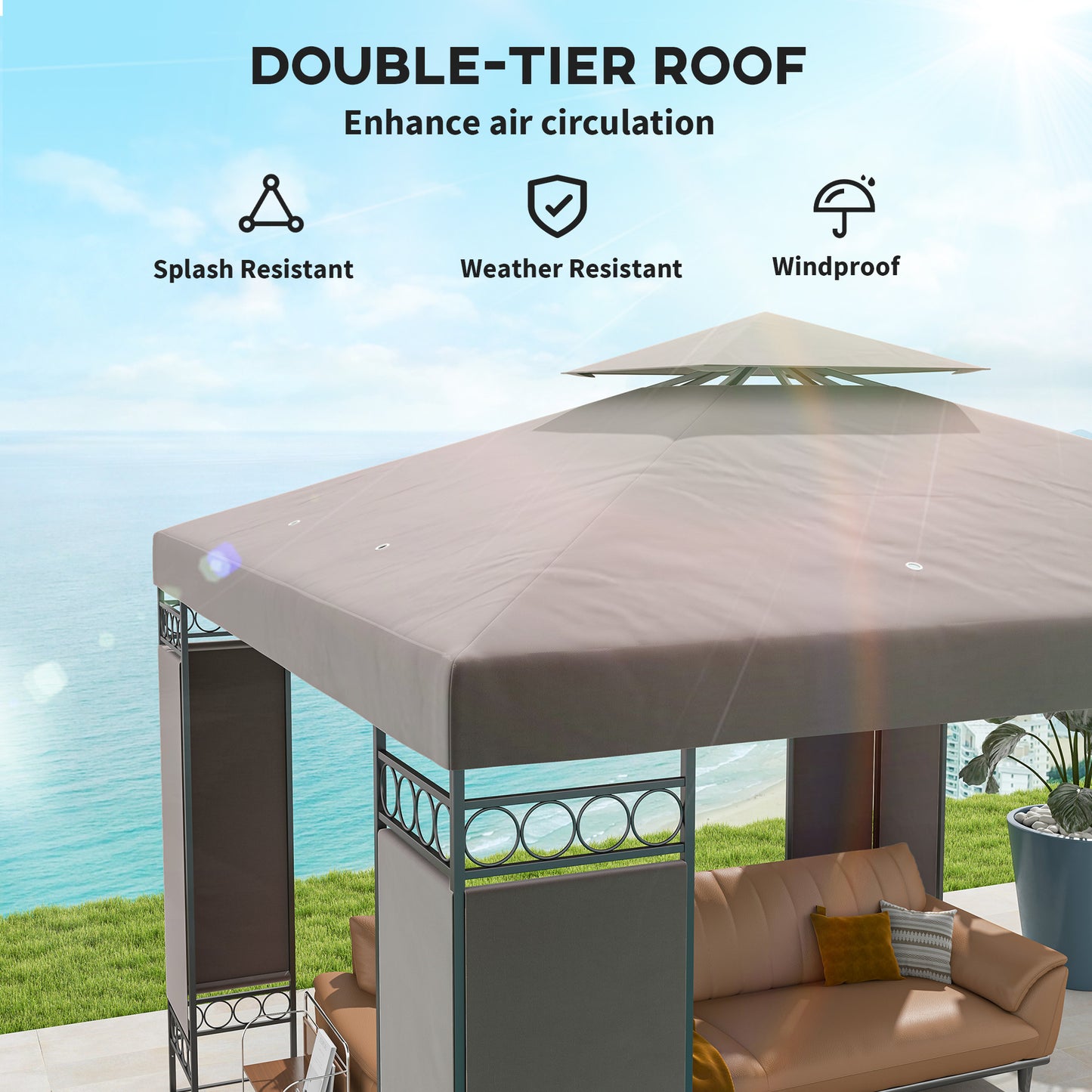 Outsunny 10 x 10 ft Gazebo, Double Roof Gazebo with Screen Panels and Metal Frame for Patio, Backyard, Khaki