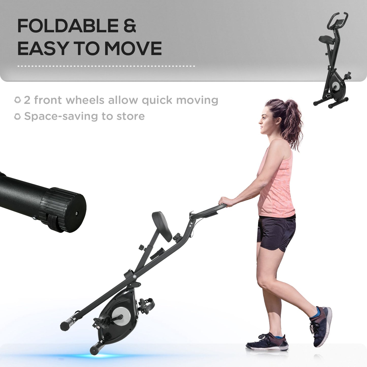 Vélo d'appartement pliable avec résistance magnétique à 8 niveaux, écran LCD, support de téléphone pour salle de sport à domicile, noir
