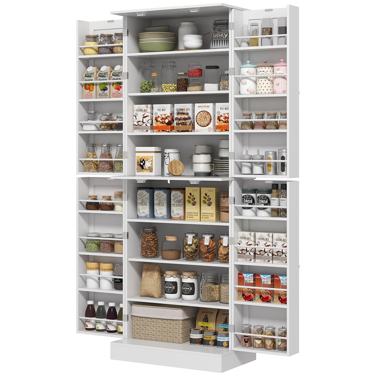 65-inch Kitchen Cabinet, Pantry with 4 Doors and 16 Shelves for Dining Room, White