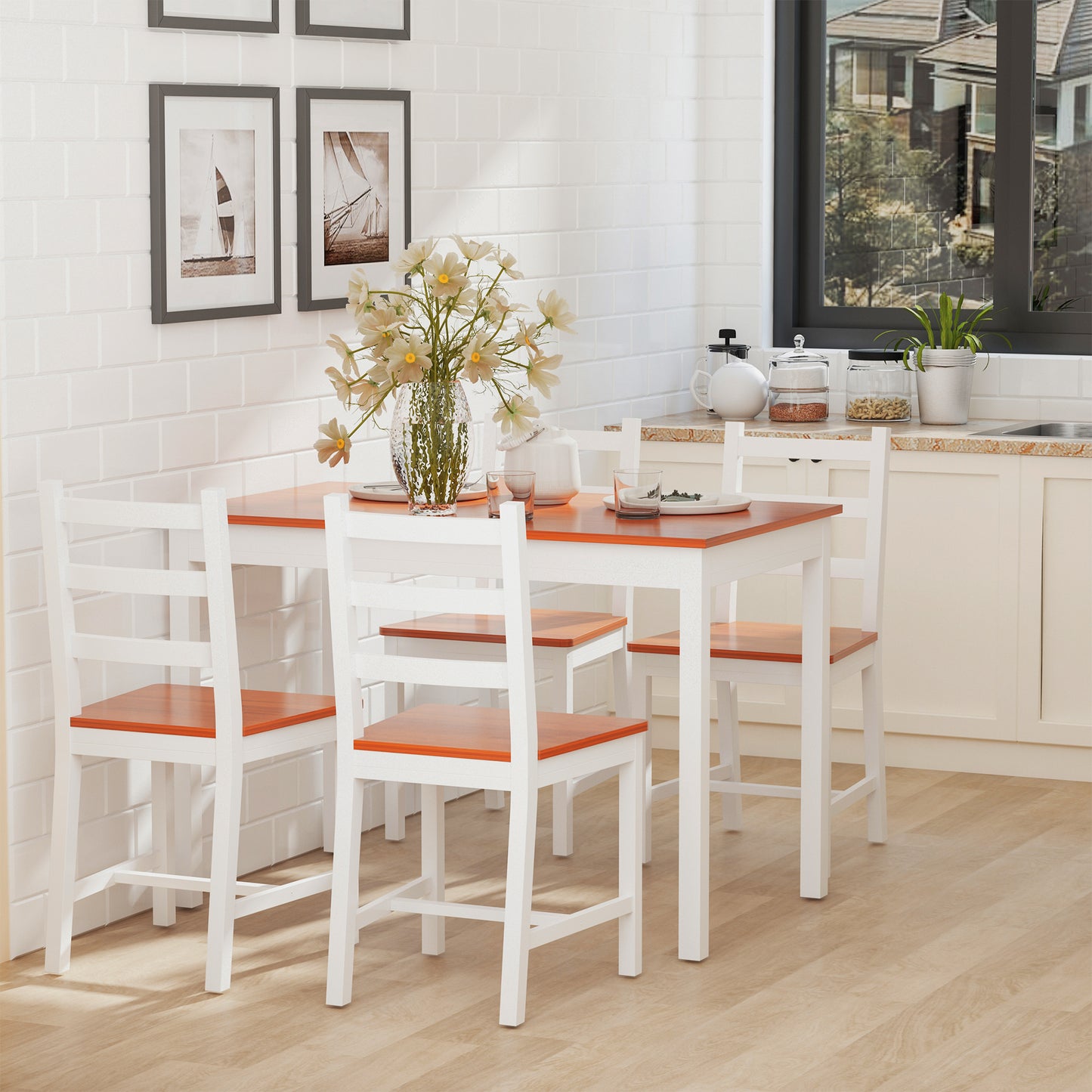 4 Person Pine Dining Set with High Back Chairs, White and Natural Wood