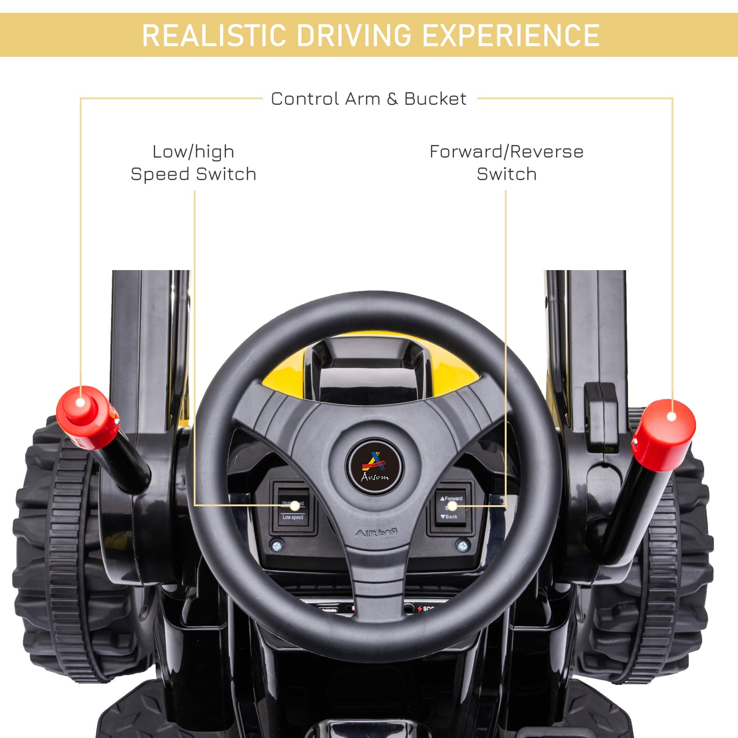 6V Battery Powered Kids Tractor, Ride-On Excavator, Music, Front Headlight, Reverse, Yellow