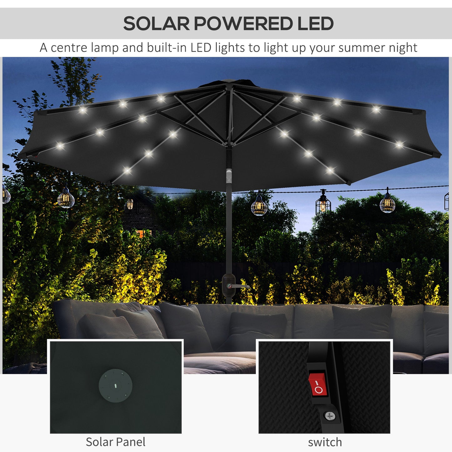Parasol solaire d'extérieur de 9 pieds, 24 LED, toit inclinable, noir