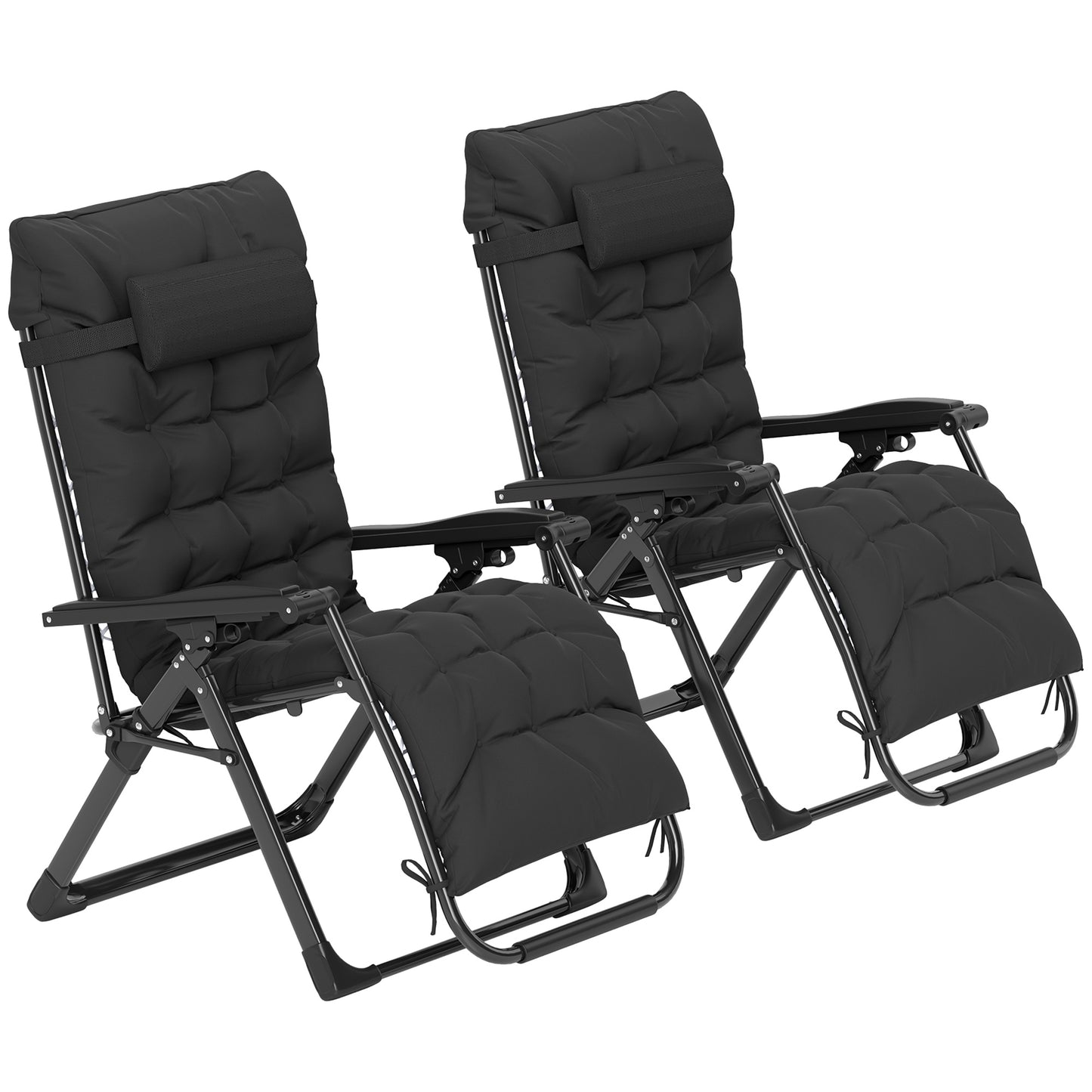 Outsunny Set of 2 Folding Garden Chairs, Zero Gravity Reclining, Sun Lounger with Cushion and Headrest, Black
