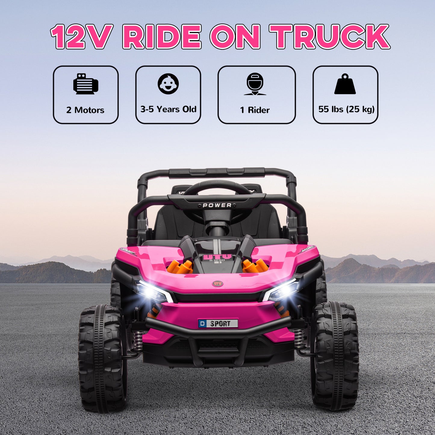 12V Kids Car, Remote Control Truck, Spring Suspension, LED Headlights, 3 Speeds, Pink
