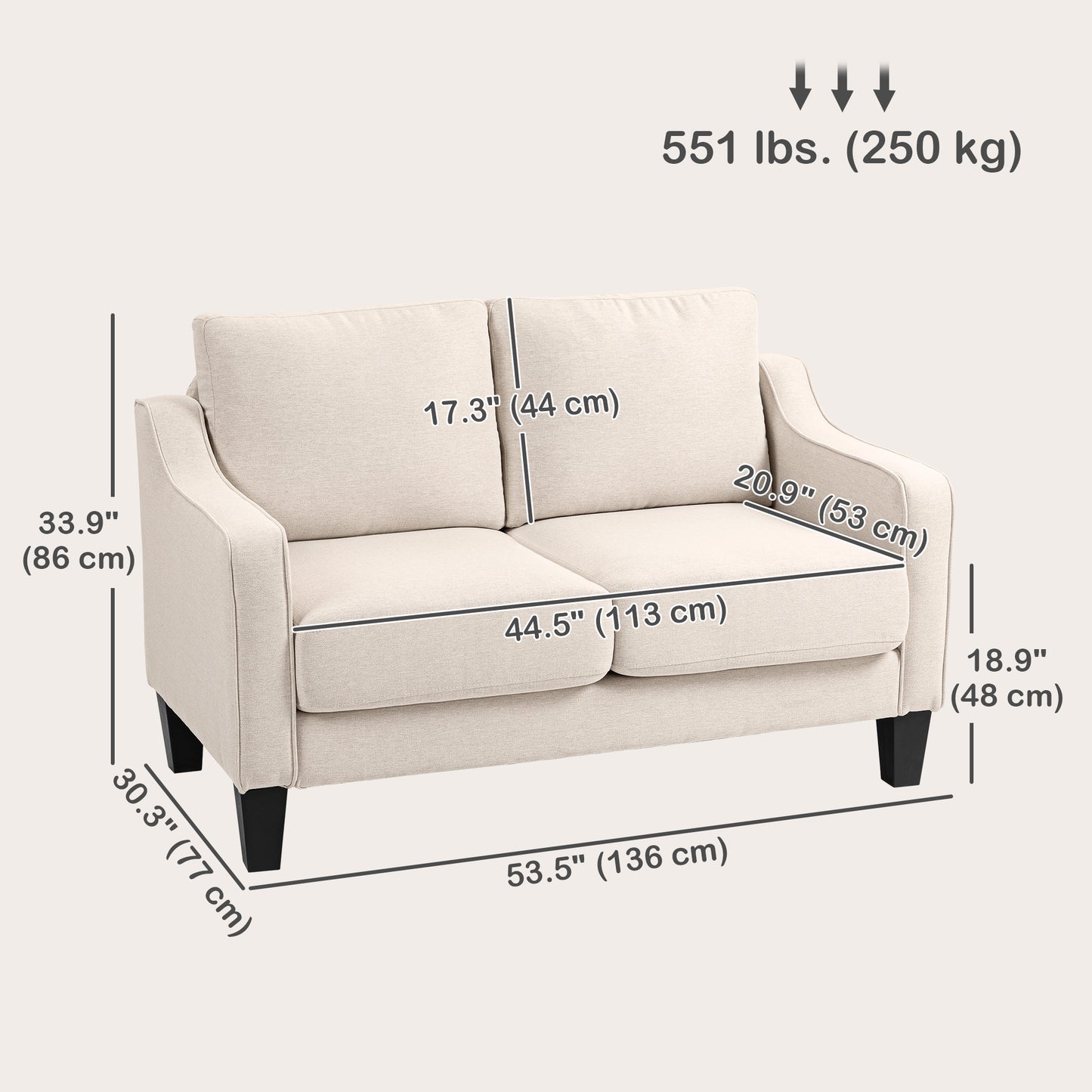 Modern sofa with pocket springs, linen upholstery, thick padding, beige