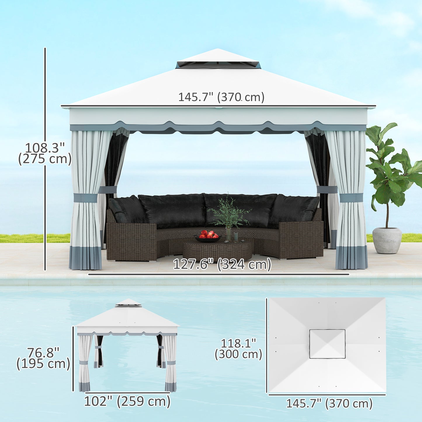 Outsunny 10' x 12' Double Roof Garden Gazebo, Outdoor Shelter with Netting and Curtains, for Garden, Lawn and Patio
