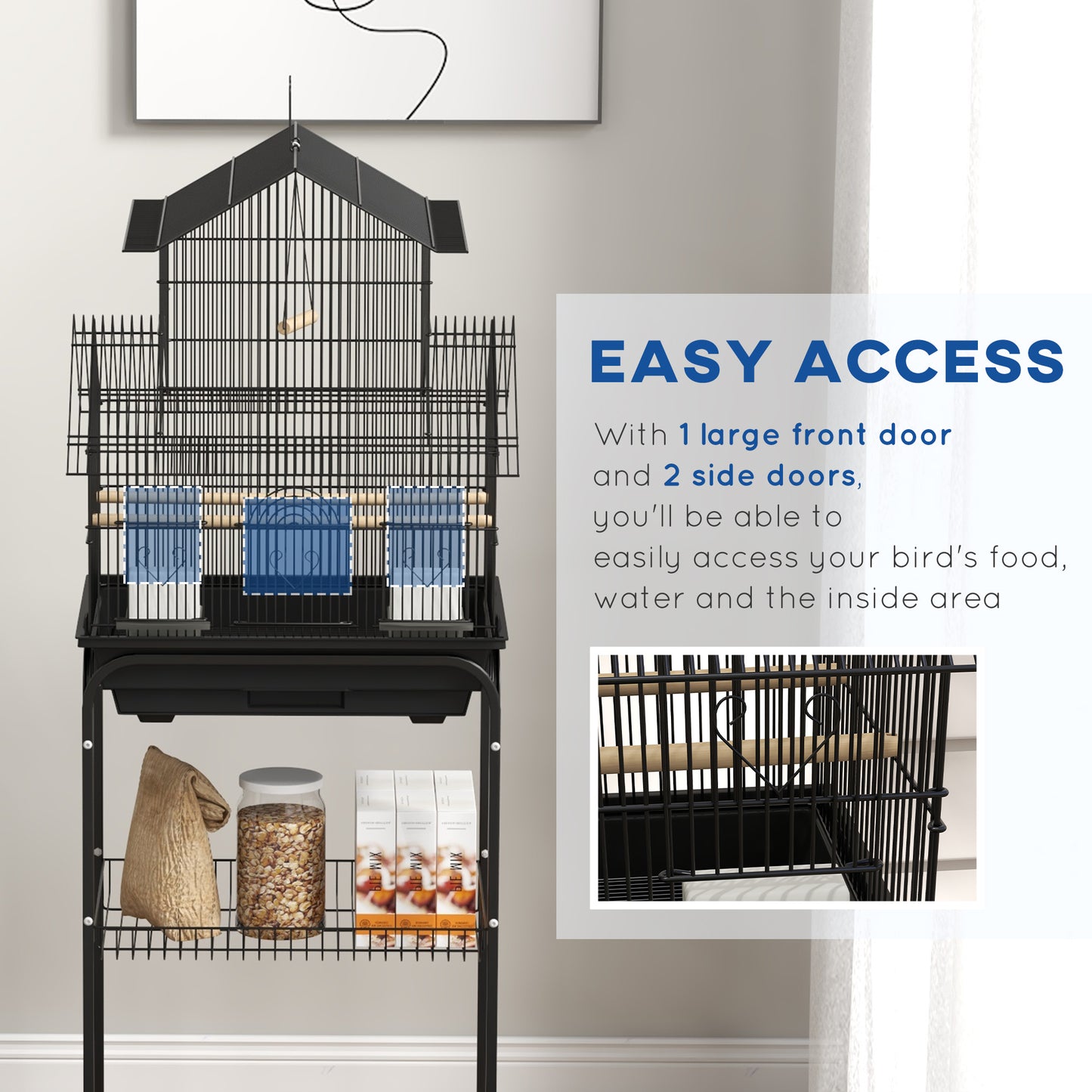 PawHut 48" Bird Cage with Perch, Swing, Food Container, Sliding Tray and Handle, Cage for Parrots, Finches, Canaries and Parakeets