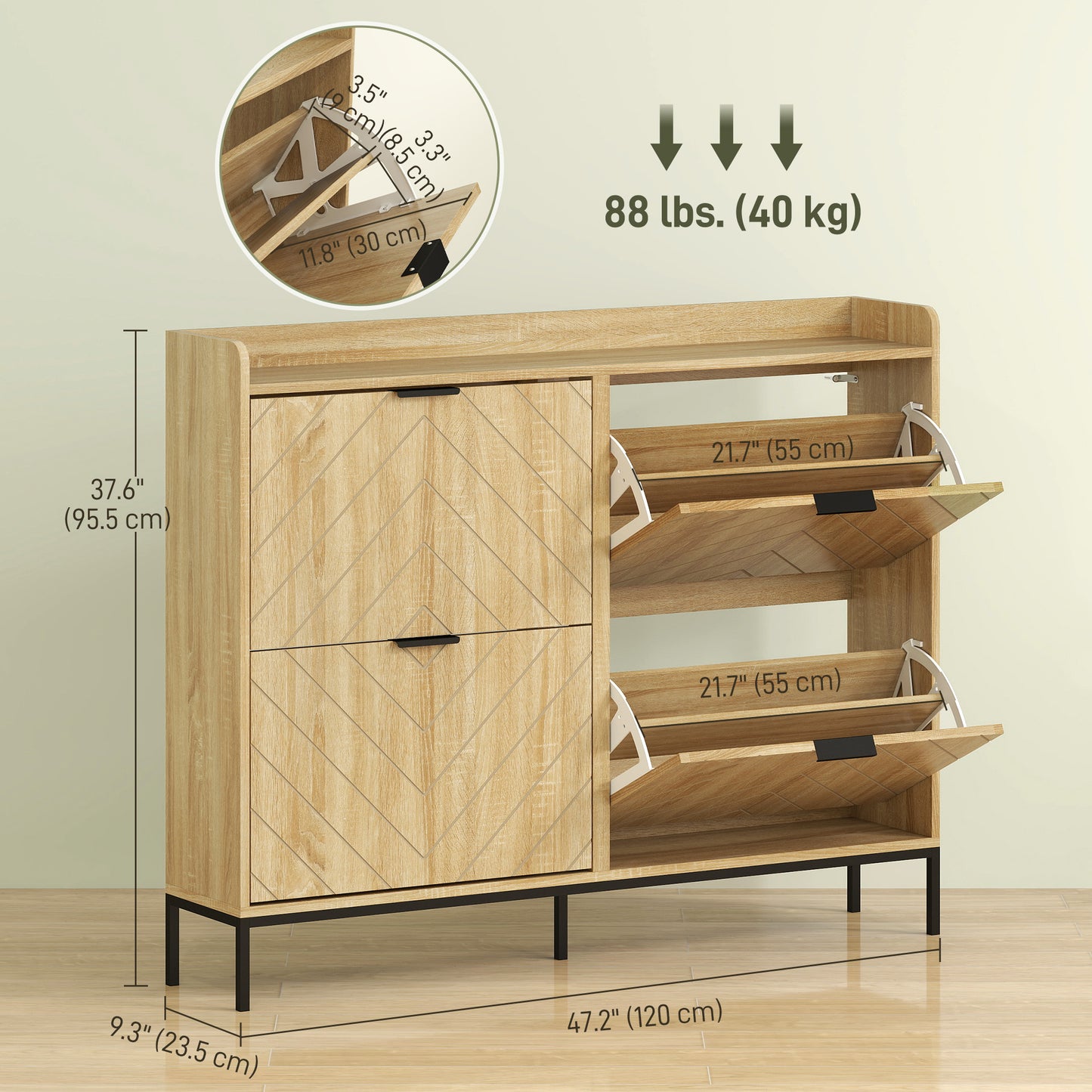 Meuble à chaussures moderne et fin avec 4 tiroirs rabattables, 16 paires de chaussures, chêne