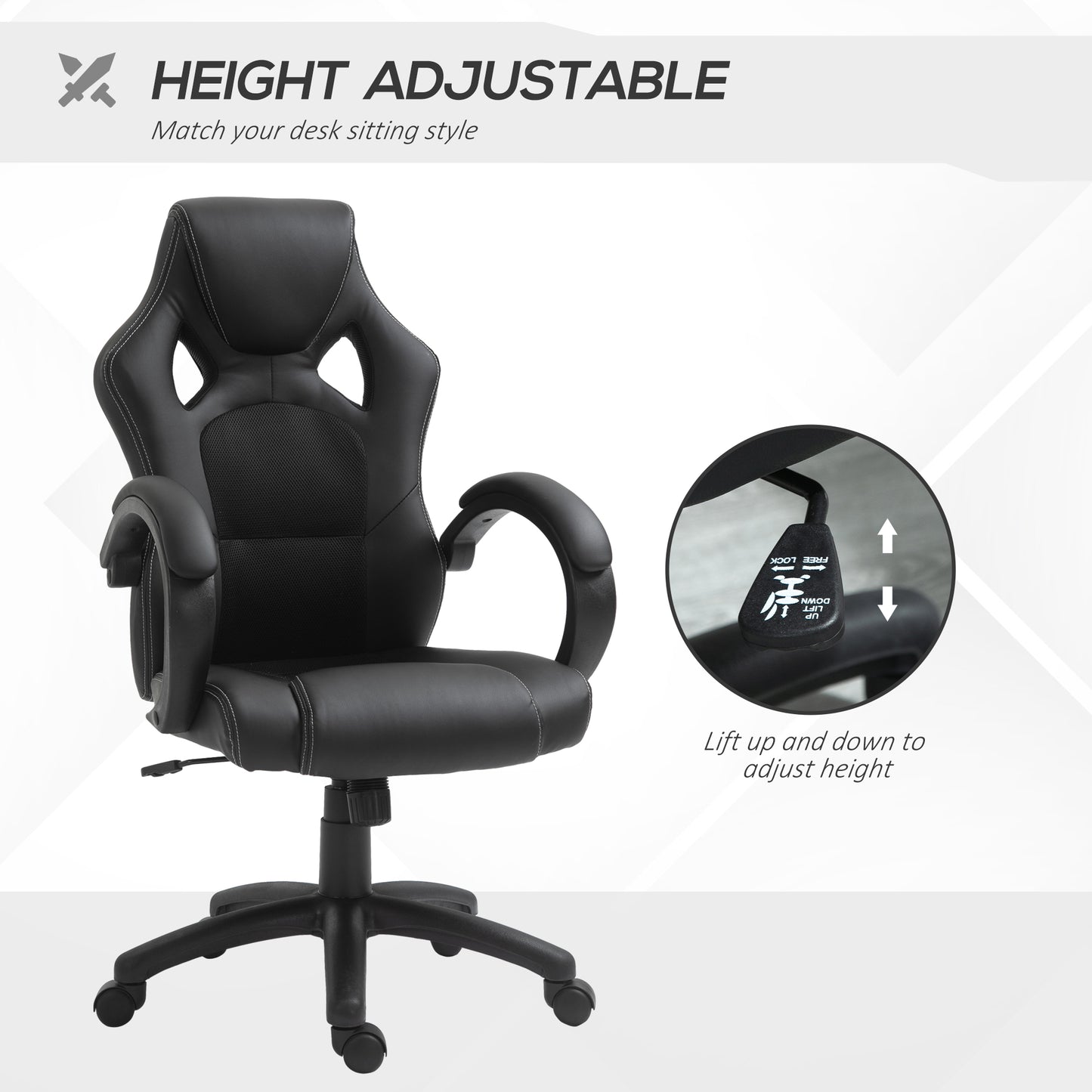 Racing Gaming Office Chair with Swivel Casters, Padded Headrest and Tilt Function, Black