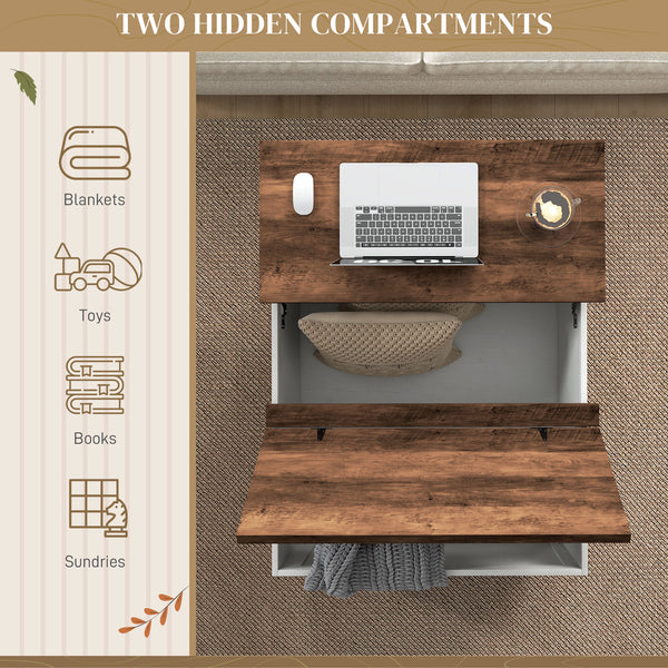 Table centrale de style campagnard avec compartiment caché, blanc antique