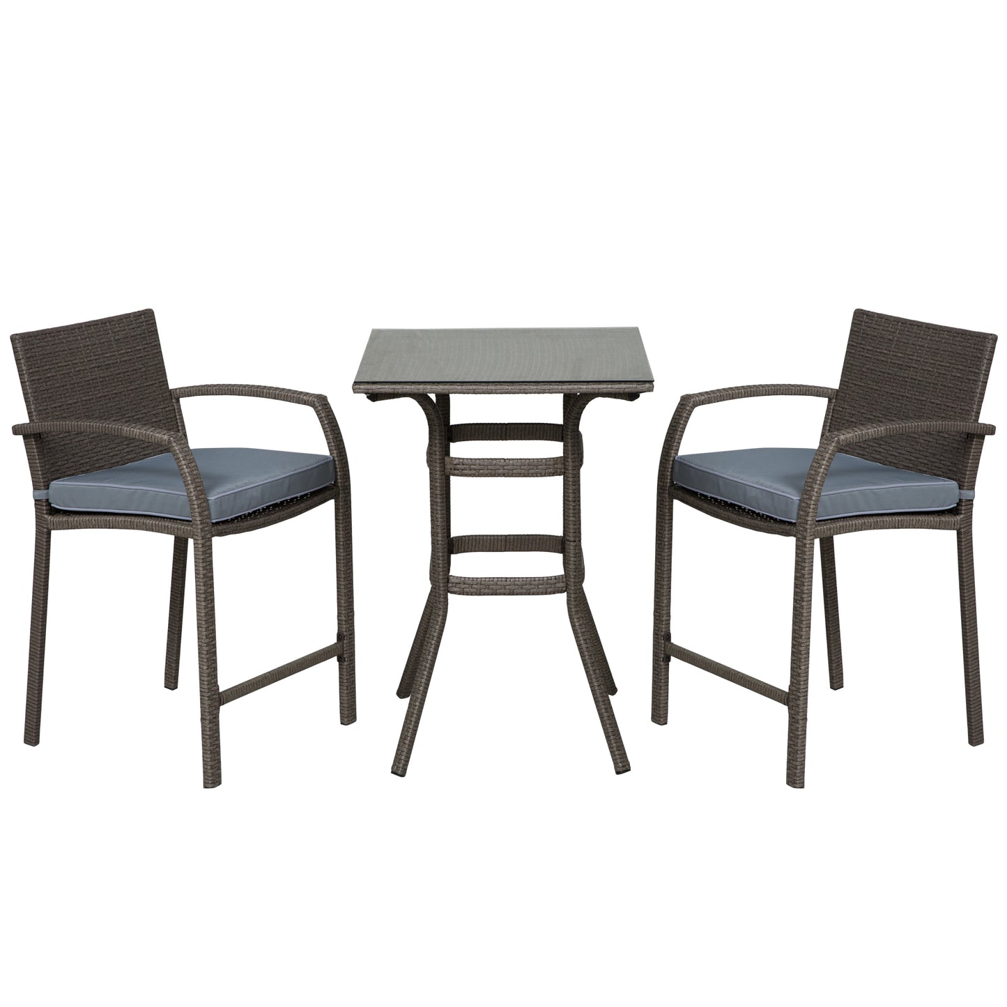 Outsunny 3 Pieces Patio Bar Set Wicker Garden Bistro Set Outdoor Furniture PE Rattan Table and Stools with Seat Cushion, Gray |