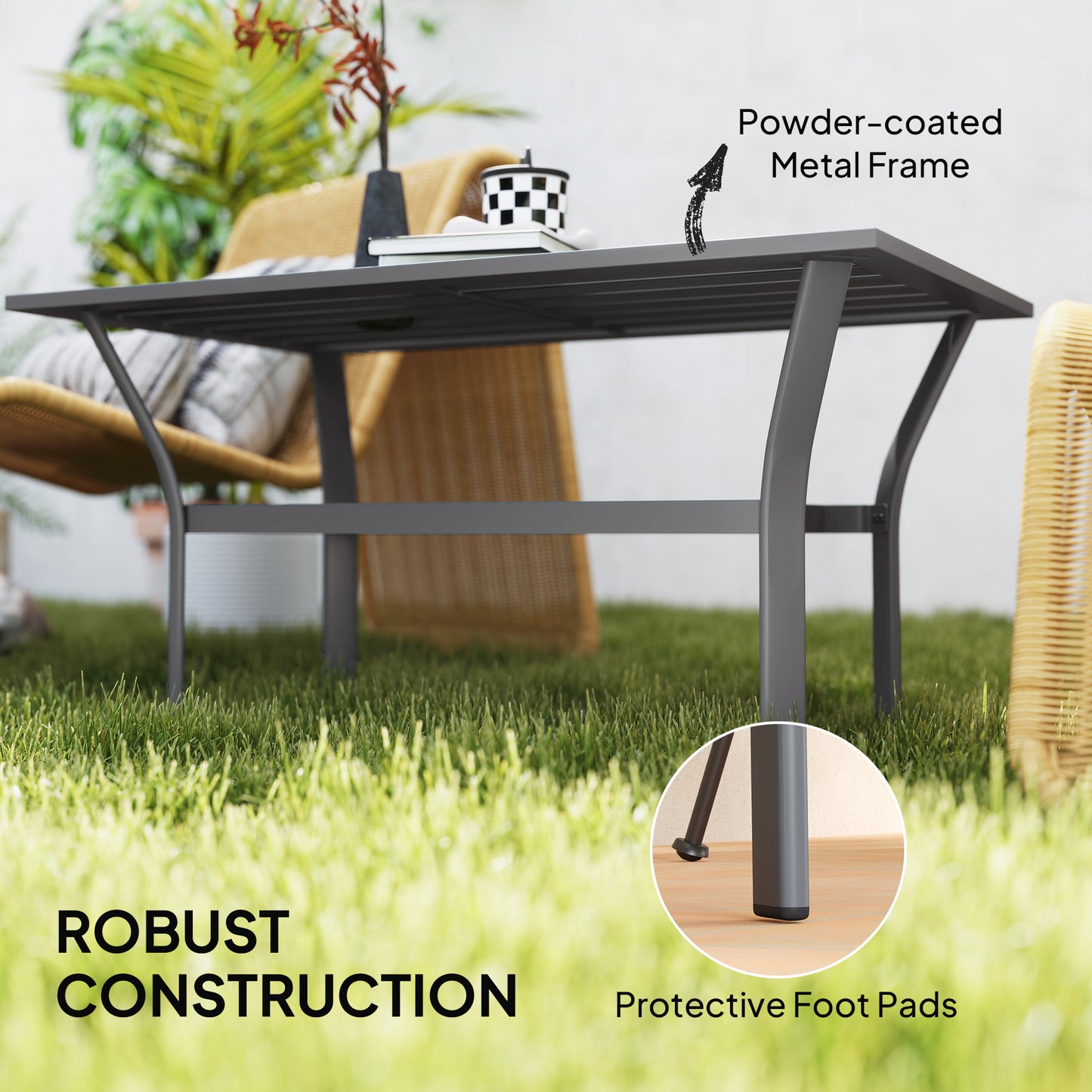 Outsunny Outdoor Side Table with Slatted Top, Metal Coffee Table for Garden and Balcony, Dark Grey