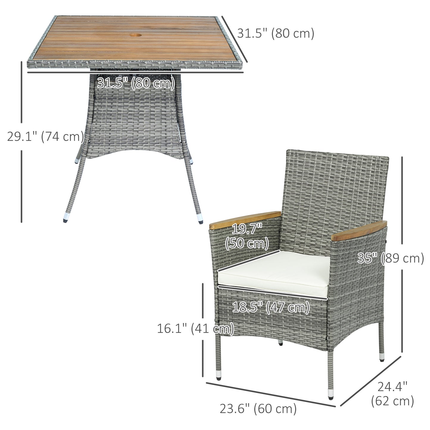 Outsunny 5 Piece Rattan Garden Dining Set with Parasol Hole, Cushions, Garden Table and Chairs, Teak