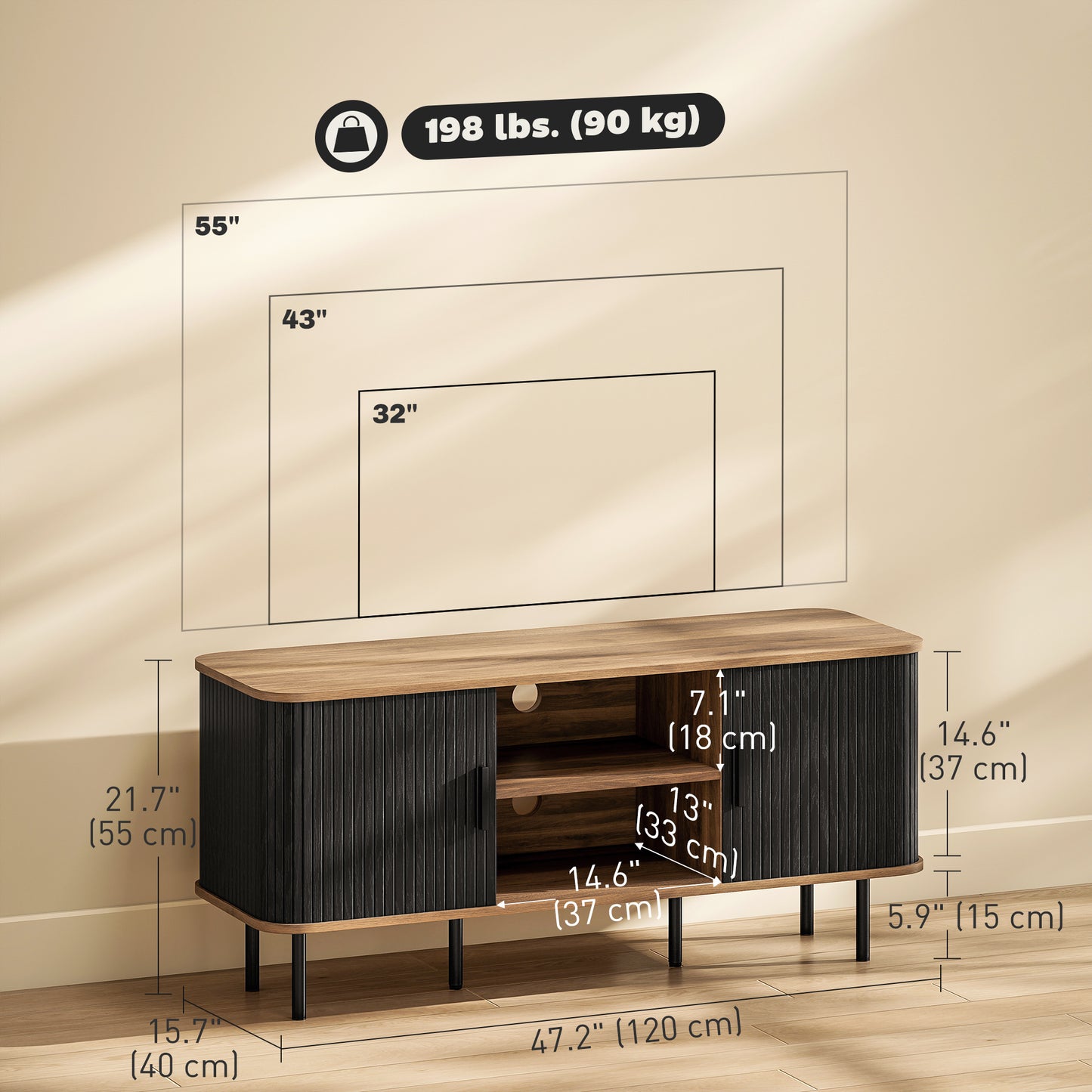 Meuble TV pour téléviseurs jusqu'à 55 pouces, avec étagères de rangement et armoires, noir