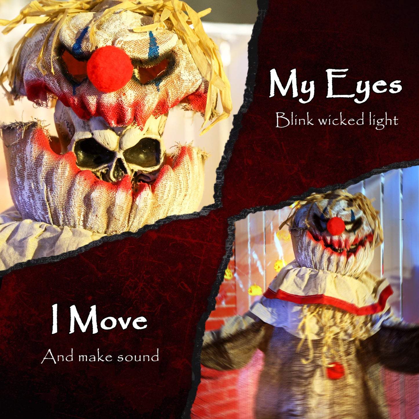 Clown citrouille animé grandeur nature avec yeux LED lumineux, fonctionne sur piles, accessoire de fête d'intérieur