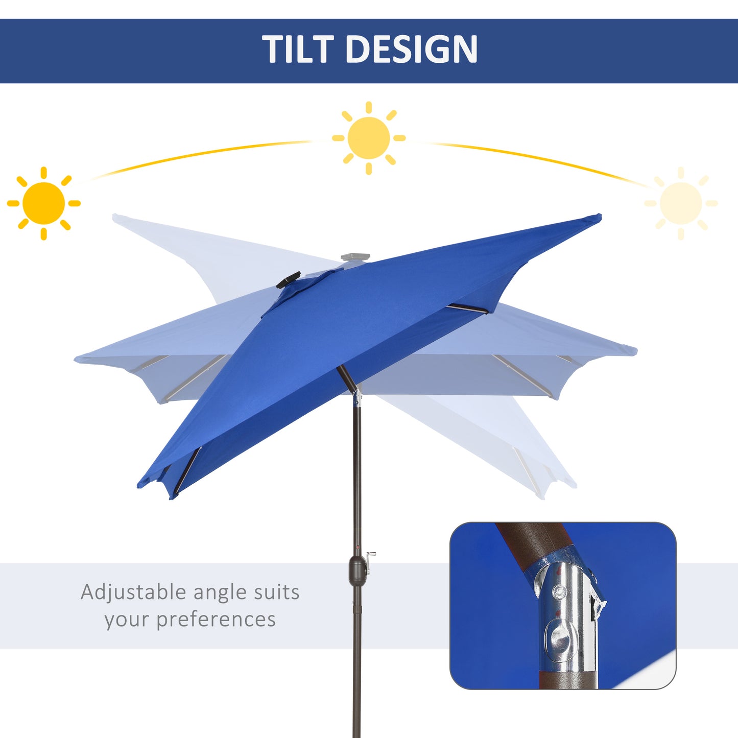 Parasol de terrasse rectangulaire 2 x 3 m, inclinable et solaire, en aluminium, avec manivelle et LED (bleu foncé)