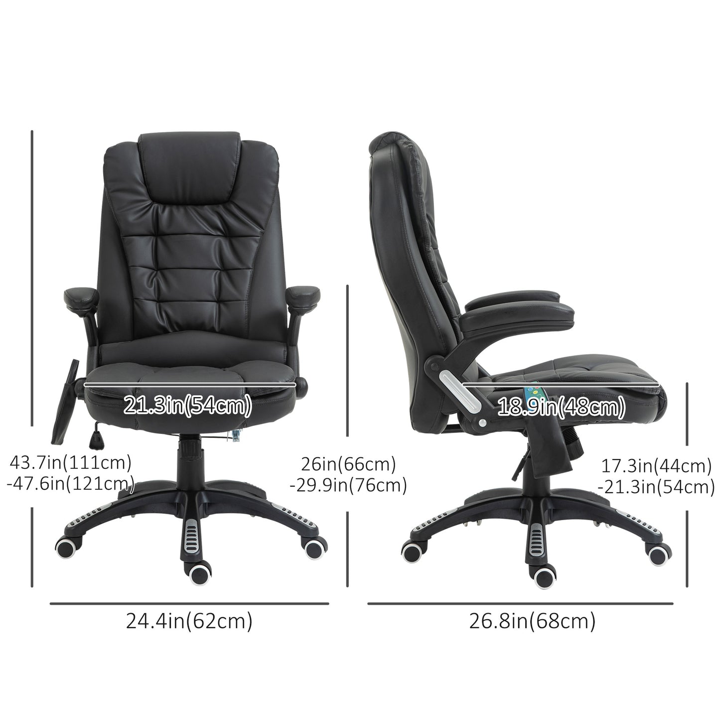 Massage and heated office chair, reclining, swivel, adjustable, in leather, black