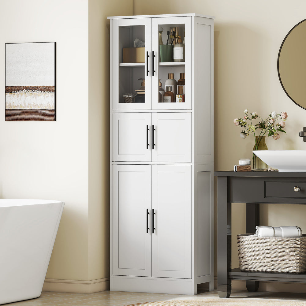 Meuble de rangement de salle de bain avec portes vitrées et étagères réglables, blanc