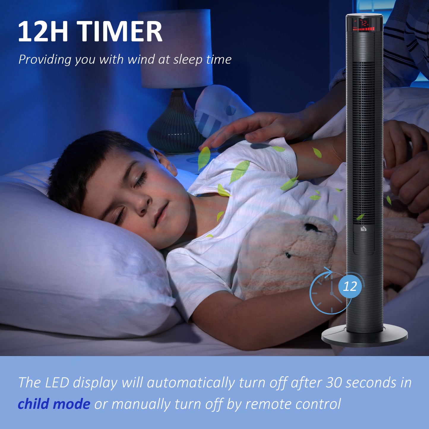 Ventilateur tour autonome 3 vitesses, minuterie 12 h, oscillant, panneau LED, télécommande, noir