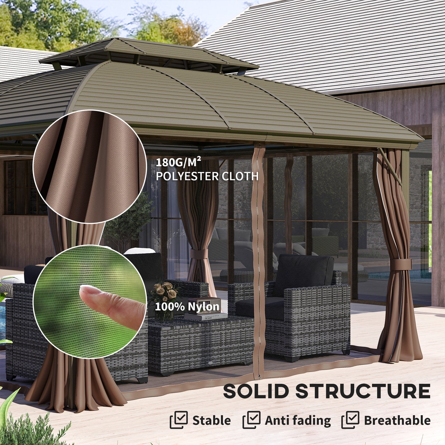 Outsunny 10' x 12' Hardtop Gazebo with Double Roof, Netting and Curtains for Garden, Backyard, Patio, Cafe
