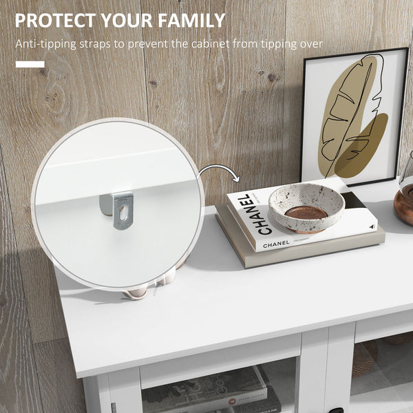 Buffet moderne avec portes vitrées, étagères à 4 niveaux, blanc