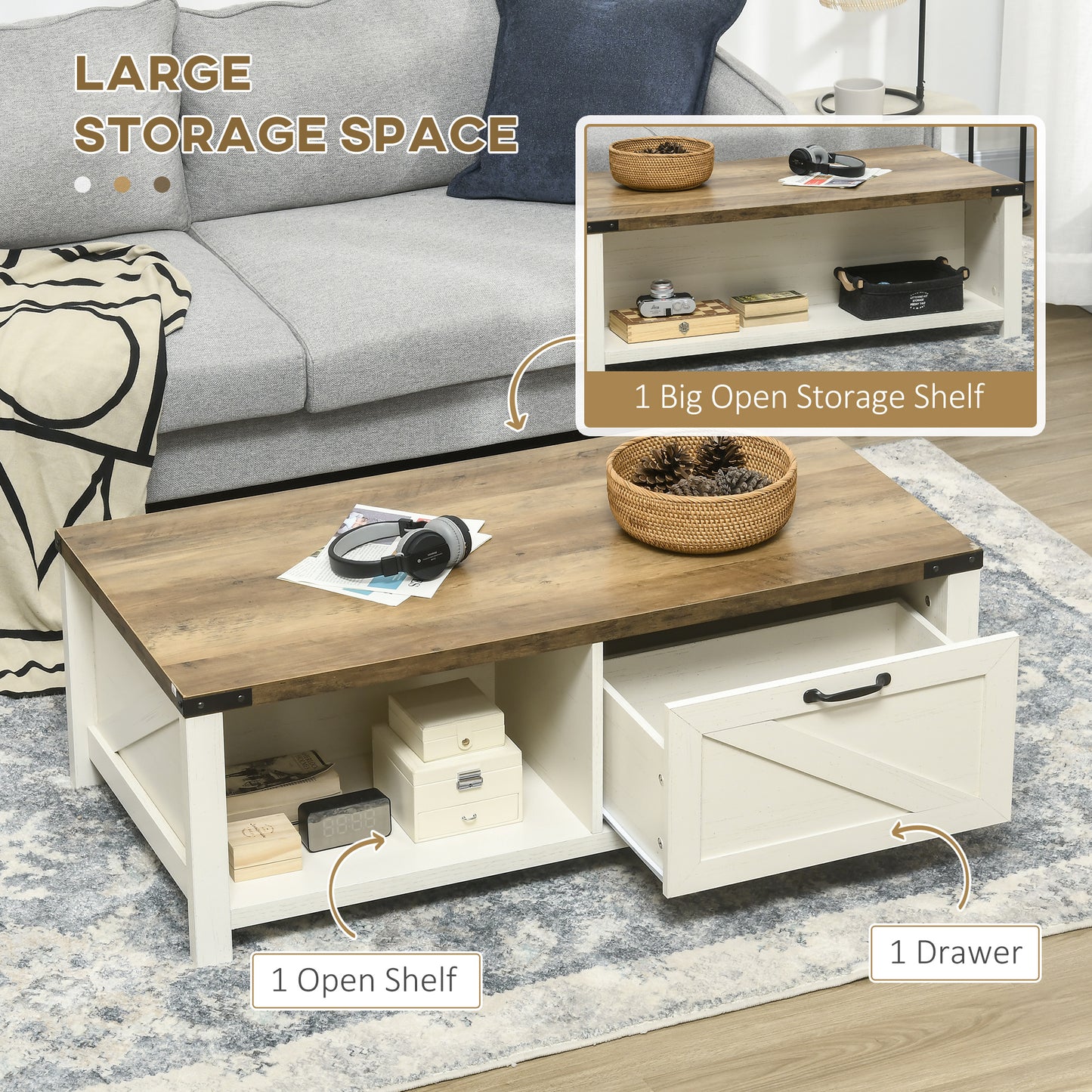Table basse industrielle avec tiroir et étagère de rangement, marron