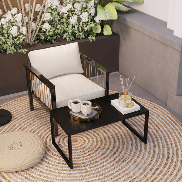 Table basse d'extérieur avec plateau à lattes et pieds réglables pour jardin, terrasse et pelouse, noire