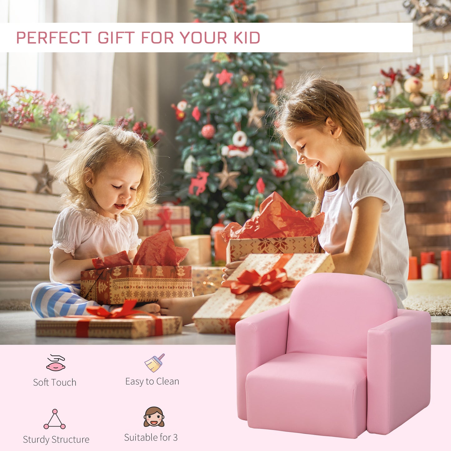 Canapé pour enfants, table et chaise multifonctionnelle 2 en 1 pour tout-petits de 3 à 9 ans, rose