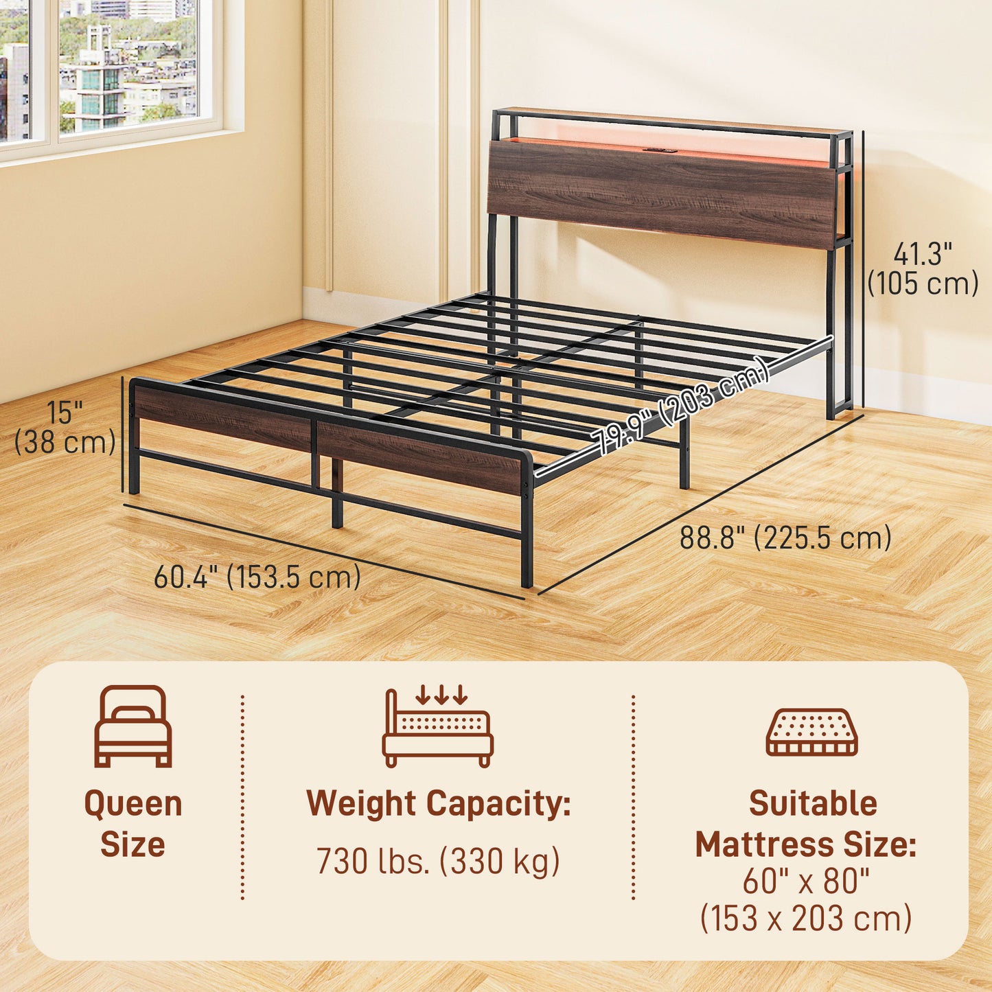 Cadre de lit Queen Size avec éclairage LED et station de charge, noyer