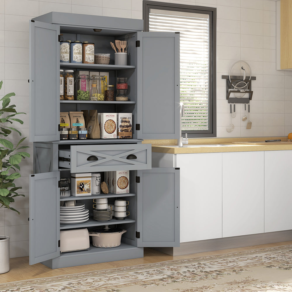 Storage unit with 4 doors, drawer and adjustable shelves, gray