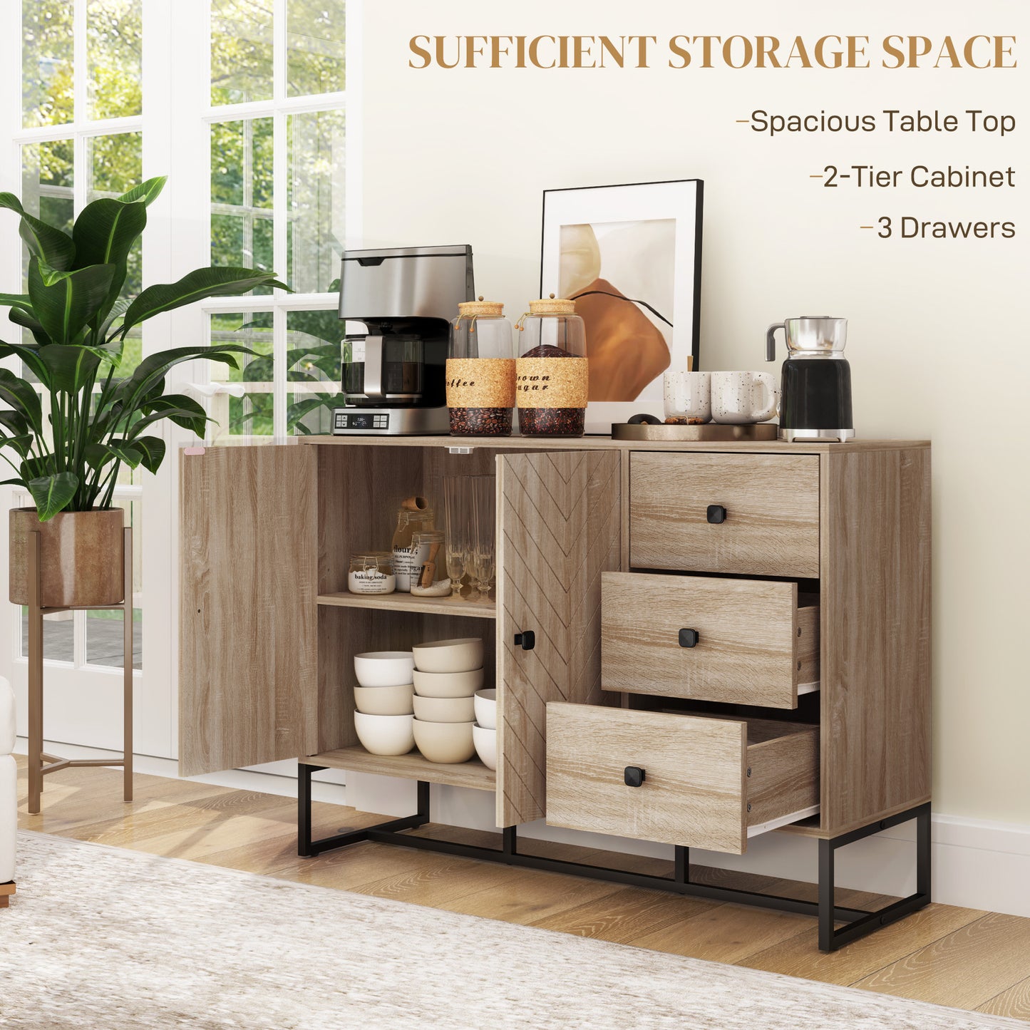 Buffet moderne, 108 cm, étagères réglables et 3 tiroirs, meuble bar à café avec 2 portes, chêne