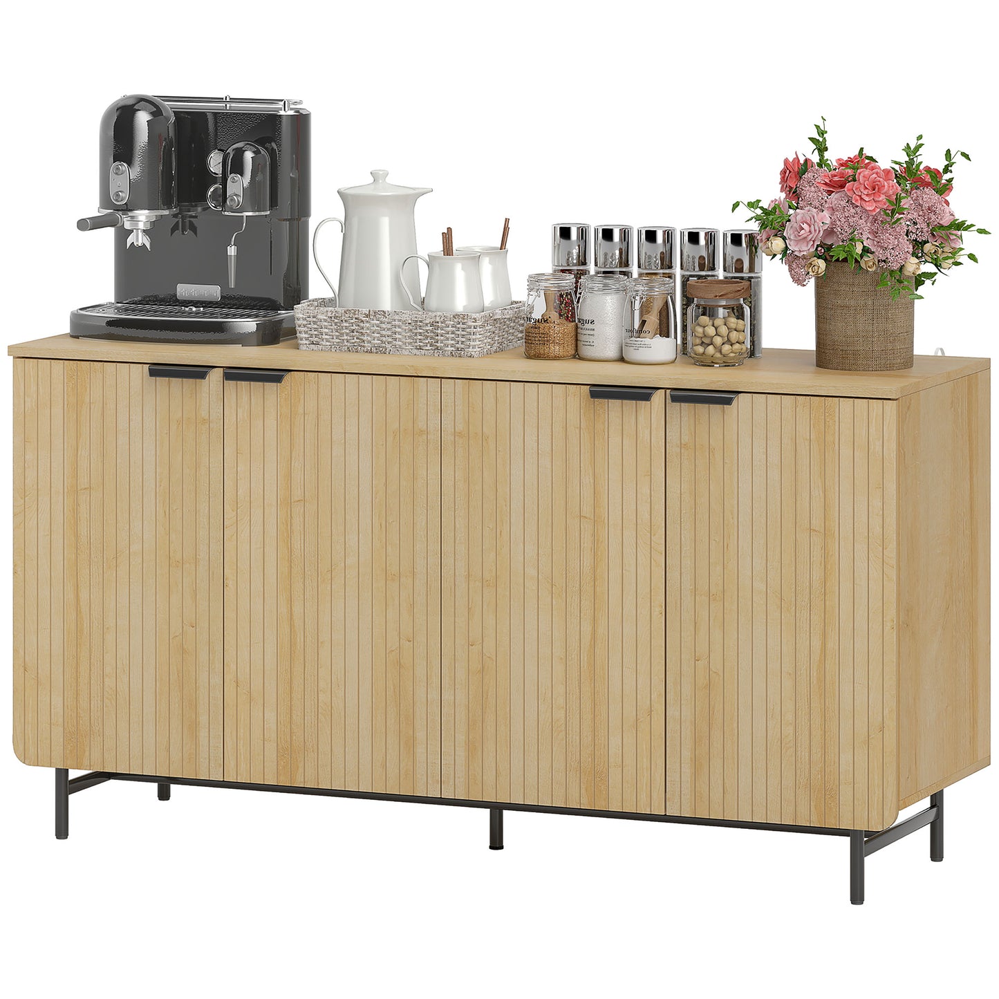 HOMCOM 55 Inch Modern Sideboard, Fluted Buffet Cabinet with Adjustable Shelves, 5 Metal Legs for Kitchen and Living Room, Natural Wood