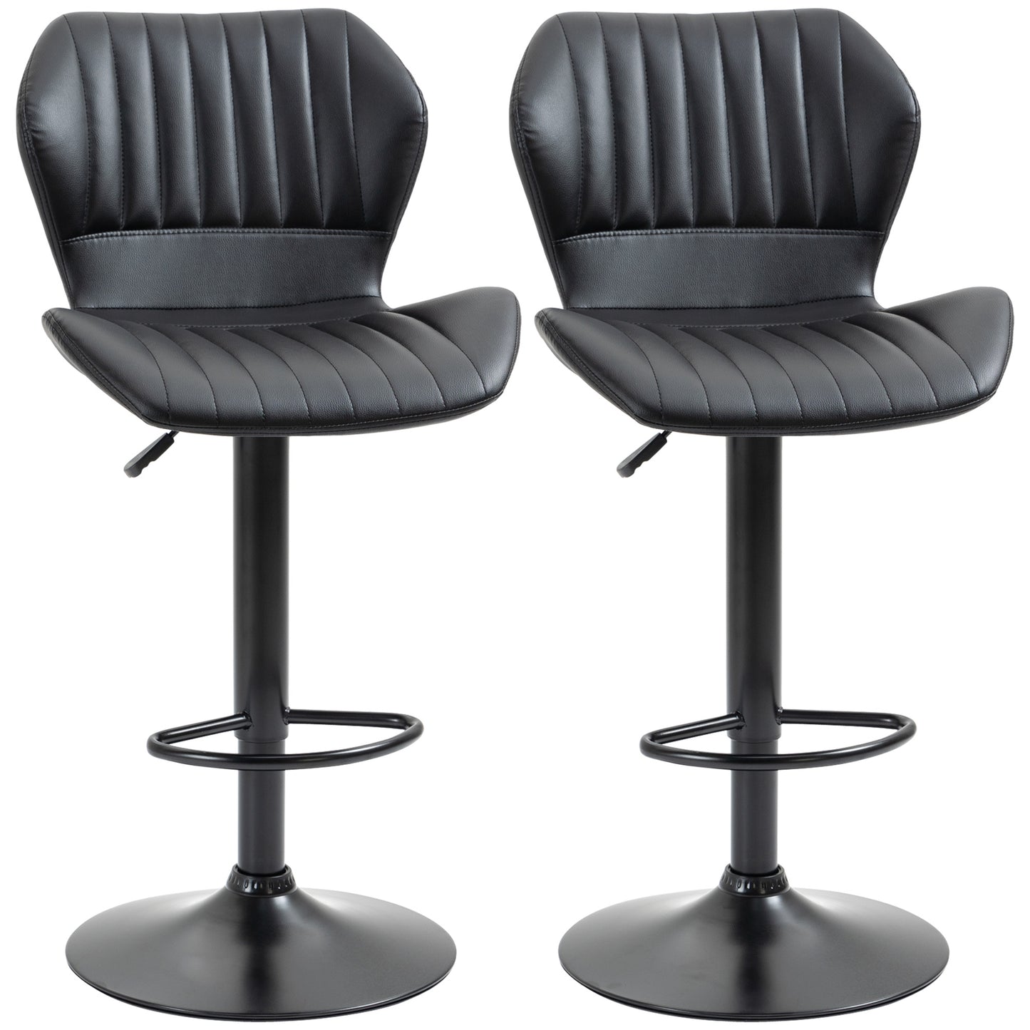 Set of 2 Adjustable PU Leather Swivel Stools with Chrome Base and Footrest, Black