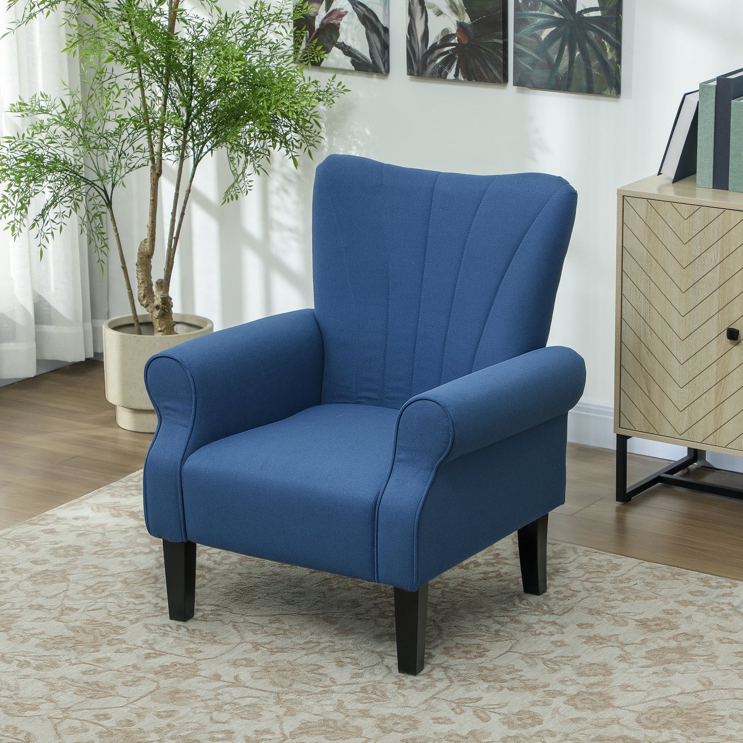 Fauteuil d'appoint moderne en tissu HOMCOM avec pieds en bois pour salon, chambre et bureau, bleu foncé