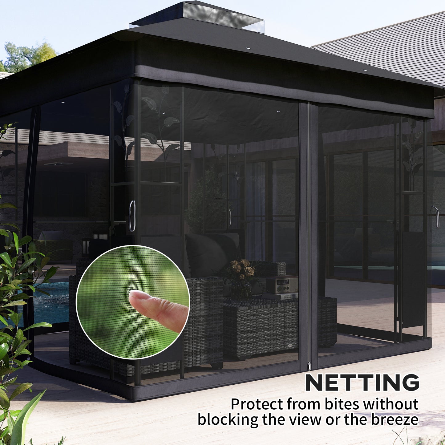 Gazebo 10' x 10' avec étagères et filet, UV30+ pour pelouse, jardin et terrasse