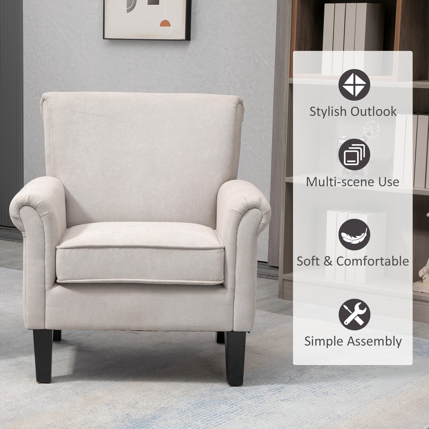 Fauteuil d'appoint rembourré avec tissu doux au toucher velours, accoudoirs roulés, gris