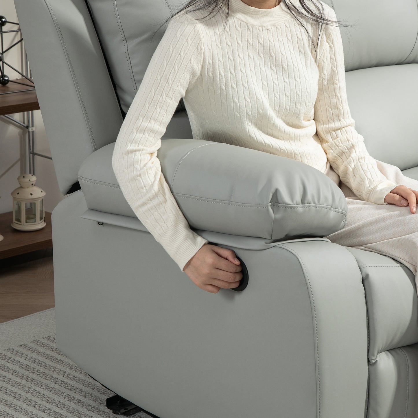 HOMCOM Manual Recliner Sofa, Faux Leather Double Reclining Loveseat with Retractable Footrest for Living Room, Light Grey