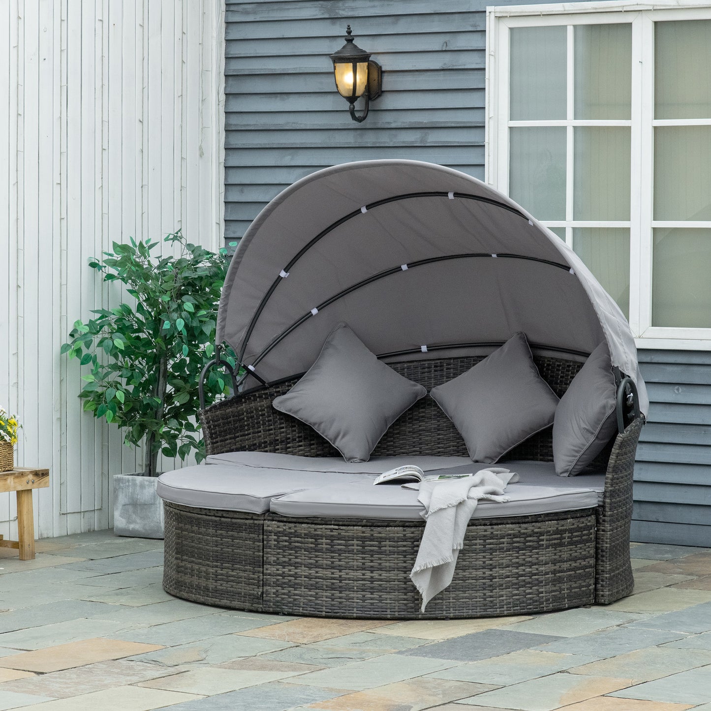 Outsunny 2-Piece Outdoor Rattan Chaise Lounge with Retractable Canopy, Round Wicker Sun Lounger Set with Cushions and Pillows, Grey Mix