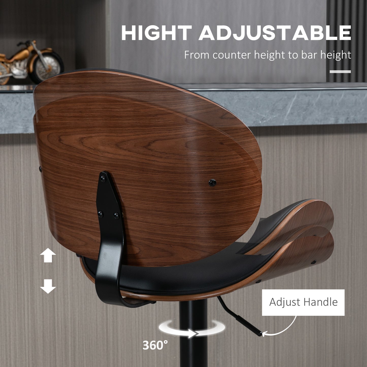 Set of 2 Modern PU Leather Adjustable Swivel Bar Stools with Curved Backrest, Steel Footrest and Base, Black