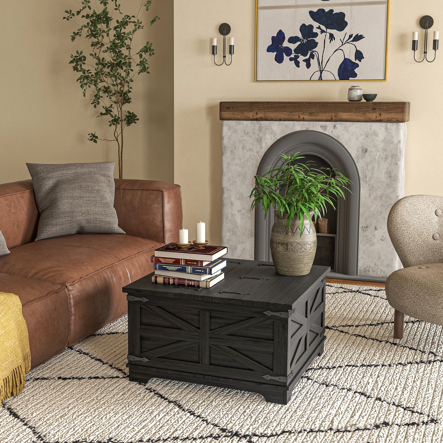 Table basse Farmhousemavec couvercles rabattables, compartiment de rangement dissimulé, noire